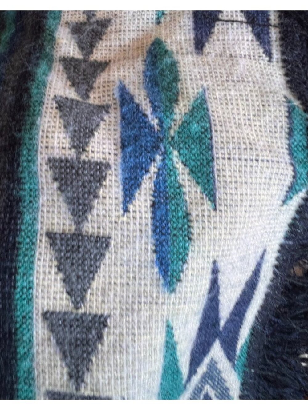 Ecuadorian Poncho Kids 8 Handmade Alpaca Wool Hood & Fringe Blue White Turquoise - Picture 10 of 12